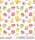 Easter seamless pattern with pink, yellow, green eggs, tulip buds and chicken shaped cookies. Watercolor illustration hand drawn in botanical style. For textile design, packaging paper, fabric 138921020