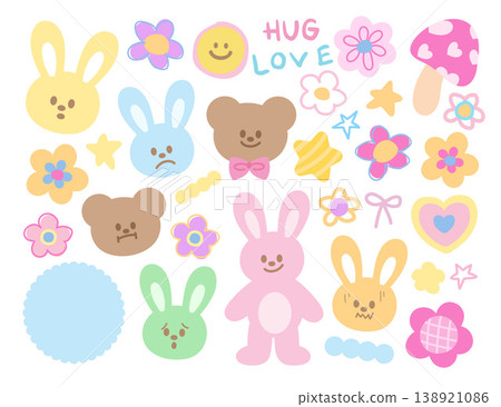 Cute pastel vector illustrations of bunny and teddy bear's expressions, flowers, mushroom for pet shop, vet, zoo, stickers, cartoon, characters, comic, mascot, standee, patch, blossom, animal emotion 138921086