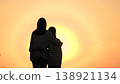 happy family,mother hugs holding child hand outdoors,parent girl child, Mother with child watching sunset, woman hugging kid silhouette, happy family connection in nature, childhood dream horizon 138921134