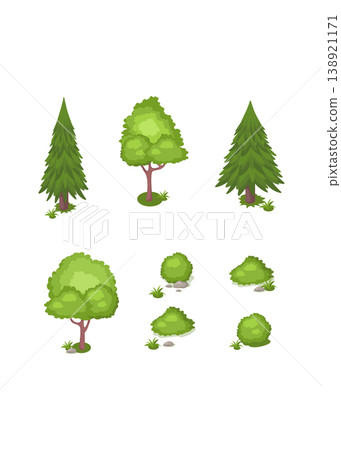 Isometric Green Forest Trees and Bush Vegetation Flat Illustration 138921171
