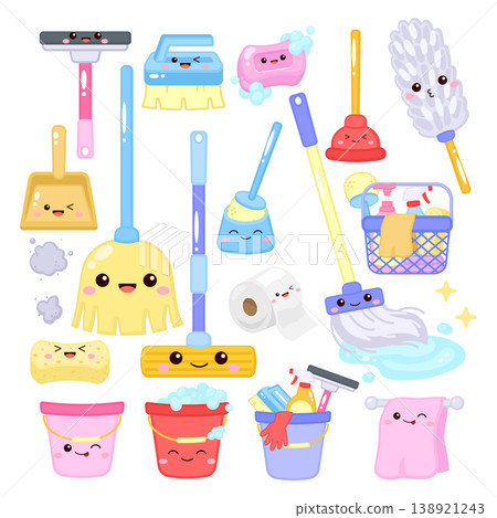 Cute Household Cleaning Tools Set, Kawaii Mop Bucket Gloves Clipart Cute Household Cleaning Tools Set, Kawaii Mop Bucket Gloves Clipart 138921243