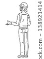 一幅線條畫，描繪了一位身穿工作服、雙臂彎曲的女性，視角來自她的背後。 138921414