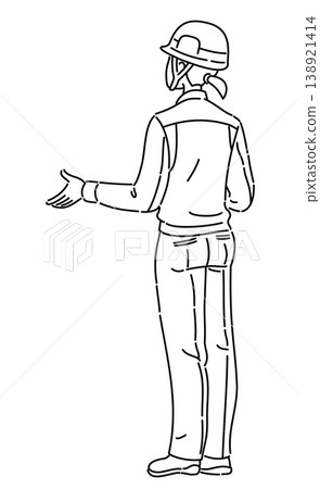 A line drawing illustration of a woman in work clothes with her arms bent, viewed from behind. A line drawing illustration of a woman in work clothes with her arms bent, viewed from behind. 138921414