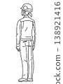 一幅線條畫，描繪了一位身穿工作服的女性的背影。 138921416