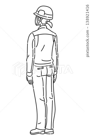A line drawing illustration of a woman in work clothes, seen from behind. 138921416