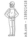一幅線條畫插圖，描繪了一位身穿工作服、雙手叉腰的女性的背影。 138921418