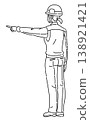 一幅線條畫，描繪了一位身穿工作服的女性從背後指向側面。 138921421