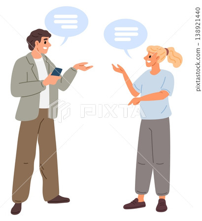 Man and woman having conversation using speech bubbles. Business communication. Young people speaking. Opinion interview and discussion. Friends standing and talking. Vector concept Man and woman having conversation using speech bubbles. Business communication. Young people speaking. Opinion interview and discussion. Friends standing and talking. Vector concept 138921440