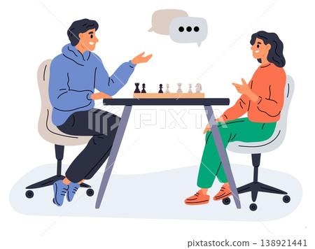 Man and woman play chess. Young couple sitting at table with chessboard and pieces. Intellectual board game. Friends spend time together. Players with speech bubbles. Vector concept Man and woman play chess. Young couple sitting at table with chessboard and pieces. Intellectual board game. Friends spend time together. Players with speech bubbles. Vector concept 138921441