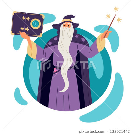 Old wizard recites magic spell from book in teleportation circle. Mystery man in mantle and hat. Sorcerer with magical wand and grimoire. Fairytale Merlin casting charm. Vector concept 138921442