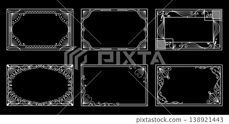 Openwork vintage rectangular frames. Square framework. Filigree flourish. Botanical motif. Decorative ornament. Embellish border. Vector set of white design elements on black background 138921443