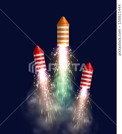 Realistic sparkling rockets. Celebrations with fireworks and lights. Sparklers flight with fire sparks and smoke. Pyrotechnic petards. Holiday salute bursts. Vector firecrackers fly Realistic sparkling rockets. Celebrations with fireworks and lights. Sparklers flight with fire sparks and smoke. Pyrotechnic petards. Holiday salute bursts. Vector firecrackers fly 138921444