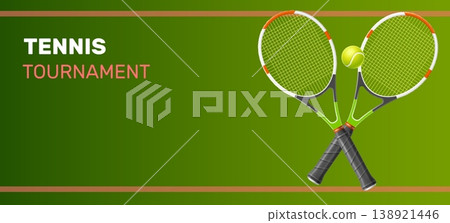 Realistic tennis rackets with ball. Poster template for sport tournament. Competitive game. Sportsman match. Badminton racquet. Championship club. Professional league. Vector background 138921446
