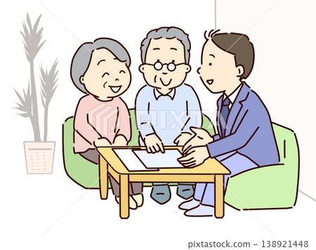 一位商人正在向一對夫婦介紹產品。 138921448