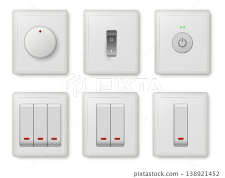 Realistic various types of electrical switches on white background. Plastic toggle for illumination control. Home equipment button. Interior wall outlet. Electric connectors vector set 138921452