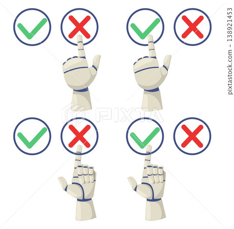 Robots arm presses or selects correct or incorrect icon. Cross symbol of rejection and prohibition. Approval checkmark. Robotic hand making choice between yes or no. Vector concept 138921453