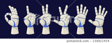 Robots arm shows numbers from zero to five. Counting with hand gestures. Nonverbal sign. Keeping score with fingers. Artificial intelligence technology. Electronic palm. Vector concept Robots arm shows numbers from zero to five. Counting with hand gestures. Nonverbal sign. Keeping score with fingers. Artificial intelligence technology. Electronic palm. Vector concept 138921454