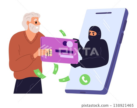 Scammer calling elderly man to steal money from his bank credit card. Cybercrime or fake calls. Digital thief in smartphone. Senior victim of phishing. Fraud of pensioner. Vector concept Scammer calling elderly man to steal money from his bank credit card. Cybercrime or fake calls. Digital thief in smartphone. Senior victim of phishing. Fraud of pensioner. Vector concept 138921465
