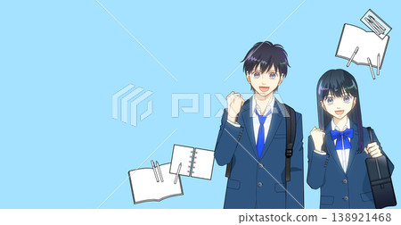 An image of studying, learning items, and an anime-style illustration of a male or female high school or middle school student. 138921468