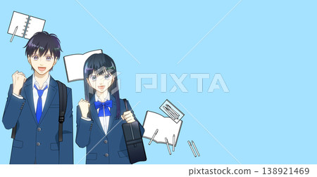 An image of studying, learning items, and an anime-style illustration of a male or female high school or middle school student. 138921469