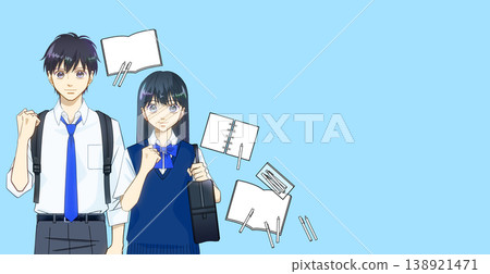 一張學習用品的圖片，以及一張動漫風格的高中生（男/女）插圖（穿著夏裝）。 138921471