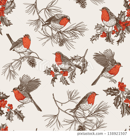 Seamless pattern with red-breasted robins 138921507