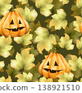 Seamless pattern featuring hand-drawn jack-o'-lanterns and scattered autumn leaves on dark green background. This festive design is perfect for fall and Halloween themes 138921510