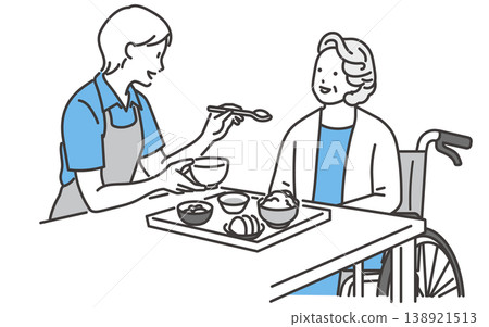 Vector illustration of a care manager assisting an elderly person with a meal. 138921513