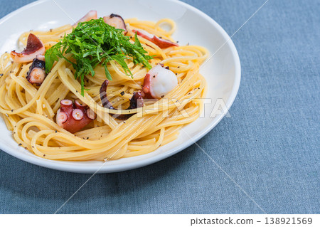 Japanese-style pasta with octopus and perilla leaves, spaghetti with simple seasoning. Japanese-style pasta with octopus and perilla leaves, spaghetti with simple seasoning. 138921569