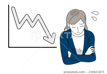 An illustration of a businesswoman looking troubled in front of a declining graph. An illustration of a businesswoman looking troubled in front of a declining graph. 138921671