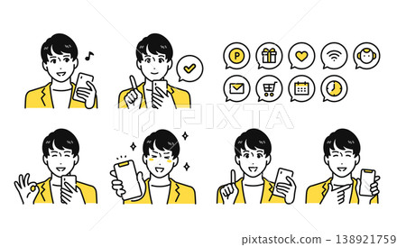 A young man in business casual attire holding a smartphone and a set of notification icons. 138921759