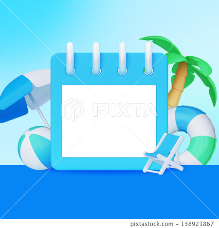 3D Summer Vacation Calendar Template with Copy Space for Text on Blue Background 138921867