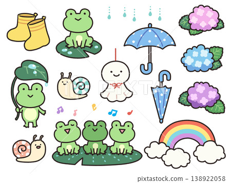 一套可愛的手繪插圖，描繪了雨季的雨水、青蛙和蝸牛。 138922058