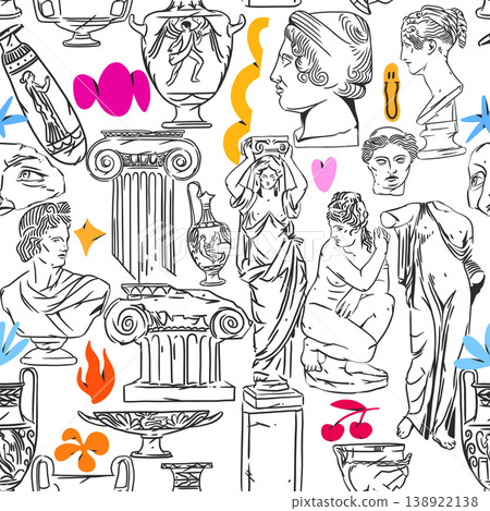 Hand drawn vector abstract graphic, greek ancient sculpture statues and column line art modern seamless pattern.Antique graffiti psychedelic sculpture in trendy style.Antique statue design background. Hand drawn vector abstract graphic, greek ancient sculpture statues and column line art modern seamless pattern.Antique graffiti psychedelic sculpture in trendy style.Antique statue design background. 138922138
