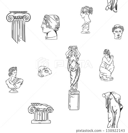 Hand drawn vector abstract graphic, greek ancient sculpture statues and column line art modern seamless pattern.Antique vintage classic sculpture in trendy line style.Antique statue design background. 138922143
