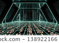 Cyberpunk hologram corridor features glowing numbers on mint grid floor with falling code in cinematic scifi vault 138922166