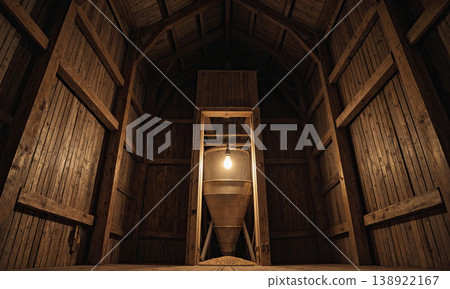 Grain hopper barn interior featuring a metal funnel under a glowing light bulb inside a rustic agricultural storage building 138922167