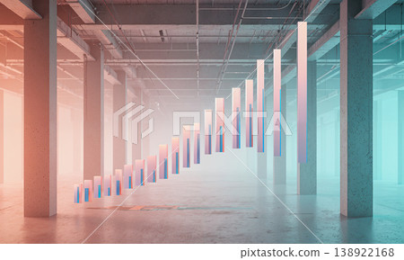 Data growth loft with rising glowing bar graphs in a large industrial space lit by coral and teal tones for success 138922168