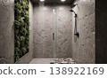 Biophilic stone garden walk-in shower with vertical plant wall and rain showerhead creating a luxurious spa-like bathroom oasis 138922169