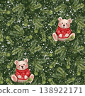 Christmas seamless pattern with teddy bear in red sweater, pine branches, and snow on green background. Holiday surface design 138922171