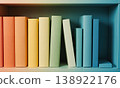 Bookshelf rainbow gradient colorful books arranged by color on a modern shelf creating a vibrant spectrum for home decor 138922176