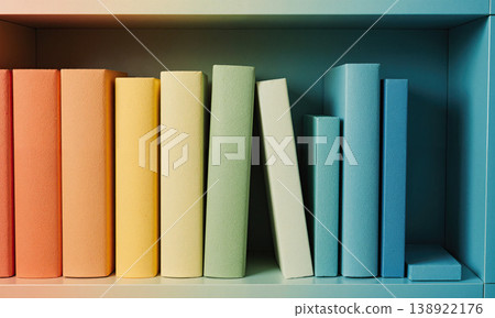 Bookshelf rainbow gradient colorful books arranged by color on a modern shelf creating a vibrant spectrum for home decor 138922176