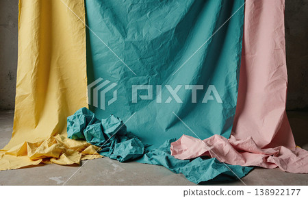 Paper backdrops studio featuring colorful torn and crumpled remnants lying on a concrete floor in a creative photography workspace 138922177