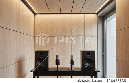 Recording studio microphones speakers sit on desk in a minimalist room with wood acoustic wall panels and copy space 138922188