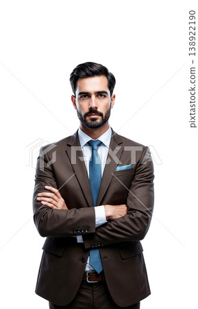 A sharp male CEO in a deep brown suit, surrounded by digital projections of a flourishing business, representing his leadership 138922190