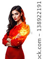 A dynamic female entrepreneur in fiery red, with glowing symbols of innovation and growth surrounding her, symbolizing her emotional courage 138922191