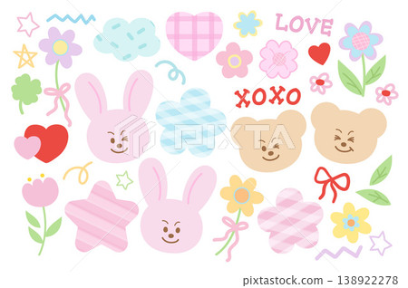 Cute pastel vector illustrations of bunny, teddy bear, flowers, cloud, heart, star for pet shop, zoo, stickers, cartoon, characters, comic, mascot, standee, blossom, animal happy expression, easter 138922278