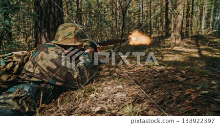 Profile of German soldier firing rifle with muzzle flash and motion blur Profile of German soldier firing rifle with muzzle flash and motion blur 138922397