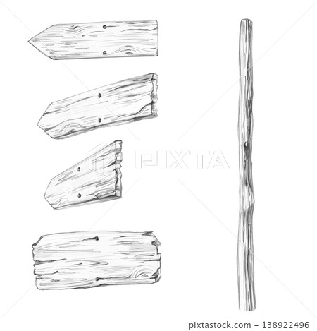 A wooden pole and a set of directional arrows. This isolated pencil illustration is suitable for design in advertising, education, information, marketing, real estate, tourism, and navigation. A wooden pole and a set of directional arrows. This isolated pencil illustration is suitable for design in advertising, education, information, marketing, real estate, tourism, and navigation. 138922496