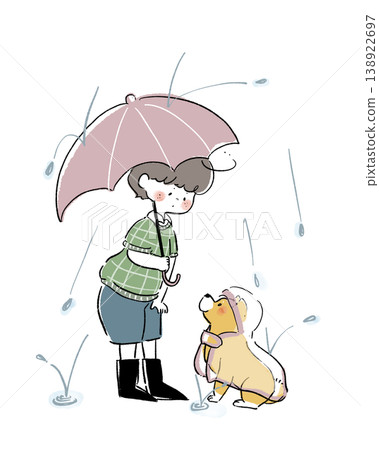 一幅溫馨的插圖，描繪了一個穿著雨衣的男孩帶著他的狗在雨中散步。 138922697